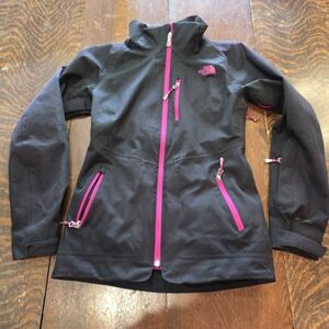 The North Face women's softshell black jacket HyVent with pink accents XS